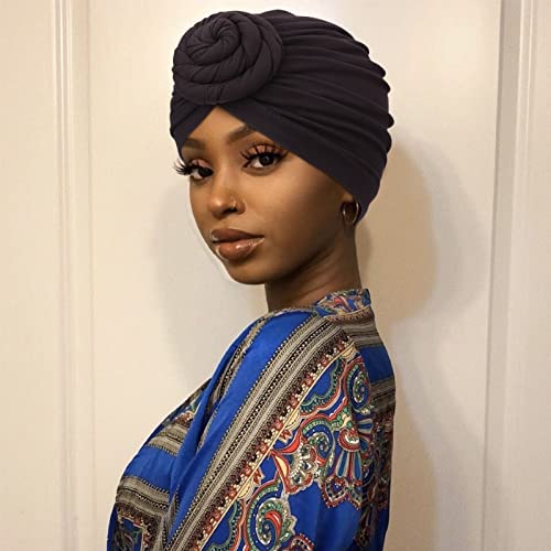 African Women Turban Caps Pre-Tied Twisted Turbans Head Scarf for Women Hair Wraps Cover Beanie Cancer Chemo Headwear - color: 1 Pack Flower: Black a
