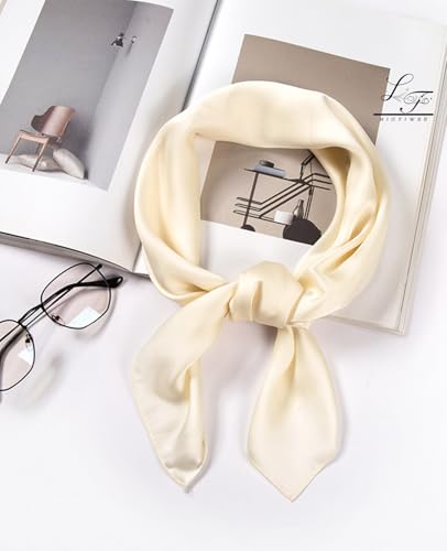 Hioyiwse Satin Square Scarf for Women Solid Color Emulation Silk Handkerchief Hair Ribbon Headband Handbag Purse - color: D12-cream Yellow(23.6*23.6inch)