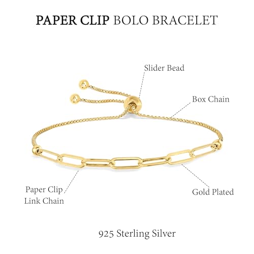 LeCalla Pure 925 Sterling Silver Italian Paperclip Link Chain Bracelets | Gold Over Silver Paper-Clip Link Station Bracelet | Sliding Bolo Bracelet for Women - color: Yellow-Gold PaperClip Bolo