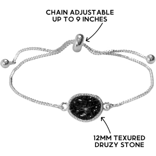 Humble Chic NY Simulated Druzy Chain Bracelet for Women - Boho Stackable Adjustable Bolo Slider Bracelet - color: Silver - Black Stone