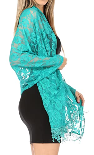 Sakkas Mari Women's Large Lightweight Soft Lace Scarf Wrap Shawl Floral and Fringe - color: Roseturquoise