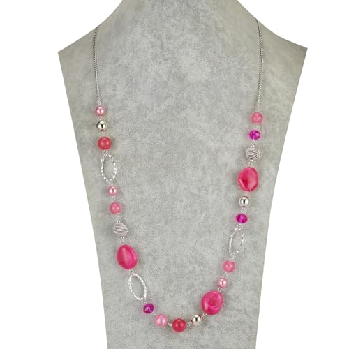 BULINLIN Beaded Long Necklace for Women Silver Sweater Chain Necklace with Crystal Resin Beads, Fashion Jewelry Necklace - color: Hot Pink