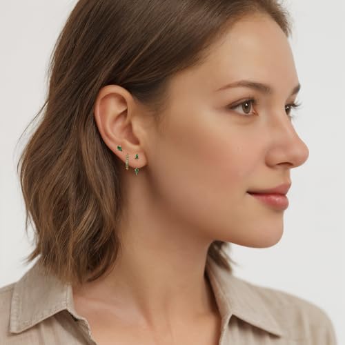 GEORGE · SMITH Stackable Kite Stud Earrings Set for Women, Gold & Silver Huggie Birthstone Jewelry with Emerald Green & Blue Sapphire, Trendy Earrings for Women 2025 - color: green and gold kite stud
