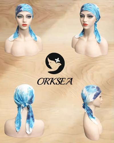 Chemo Headwear for Women Pre-Tied Head Scarf Headwraps Soft Turbans Cancer Hats Chemo Beanie Coverings Scarves - color: Blue and Navy