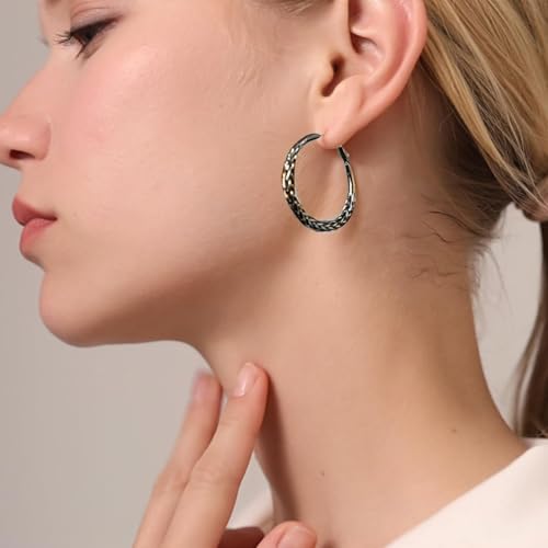 Senteria Silver Hoop Earrings for Women Hypoallergenic 925 Sterling Silver Post Hoop Earrings Lightweight Large Hoops Earring Thick Twisted Silver Hoops 30/40/50MM - color: 30mm black hoops
