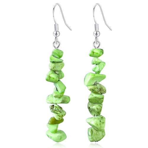 Handmade Bohemian Vintage Silver Nature Stone Beads Long Dangle Drop Earrings for Women - color: Neon Green