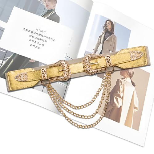 Dubulle Womens Belt Chain Leather Belts Vintage Western Adjustable Elastic Double Buckle for Cowboy Pant Dress - color: Gold