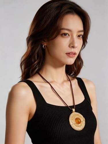 Kelake Leather Necklace for Women Men Teen Vinatge Boho Alloy Pendant Choker Jewelry Fashion Sweater Necklaces with Adjustable Genuine Leather Chain - color: Brown Jade Aztec-Style Gold Pendant