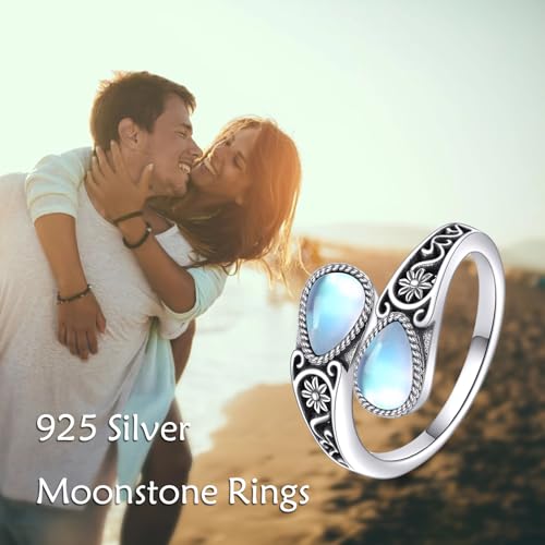 POPLYKE Sterling Silver Spoon Ring Vintage Thumb Rings Boho Adjustable Open Ring Statement Jewelry Gifts for Women - style: Filigree-Moonstone
