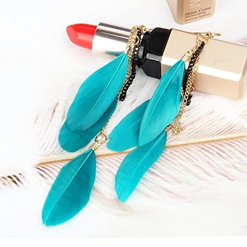 coadipress Boho Piercing Tassel Feather Long Chain Earrings Retro Lightweight Native Feather Dangle Drop Earrings for Women Bohemian Handmade Natural Feathers Earring Jewelry - color: Gem Green