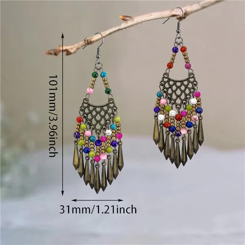 Handmade Vintage Bronze Bohemian Long Tassel Colorful Bead Dangle Drop Earrings Big Tribal Chandelier Geometry Hook Earrings for Women Statement Jewelry Gifts - color: Color