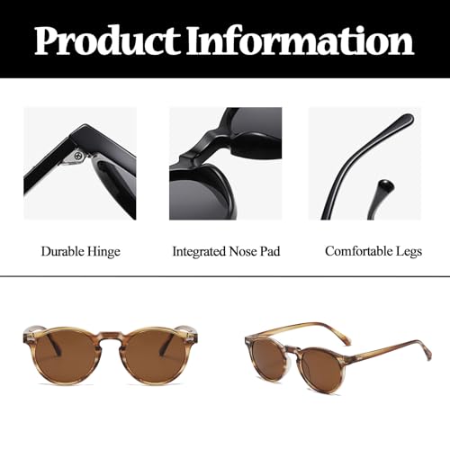 LJCZKA Round Polarized Sunglasses for Men Women Retro Small Face Sunglasses Polarized Vintage Sun Glasses UV400 Protection - color: Brown Stripe Brown