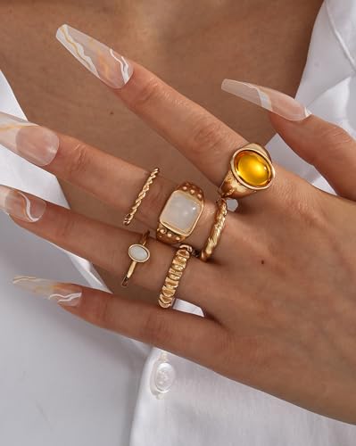 FAXHION 24-60 Pcs Gold Stackable Rings for Women, Knuckle Rings Chunky Gold Ring Set Dainty Stacking Cute Rings, Multiple Sizes Cute Jewelry Set Gift - style: Maillard -6 pcs