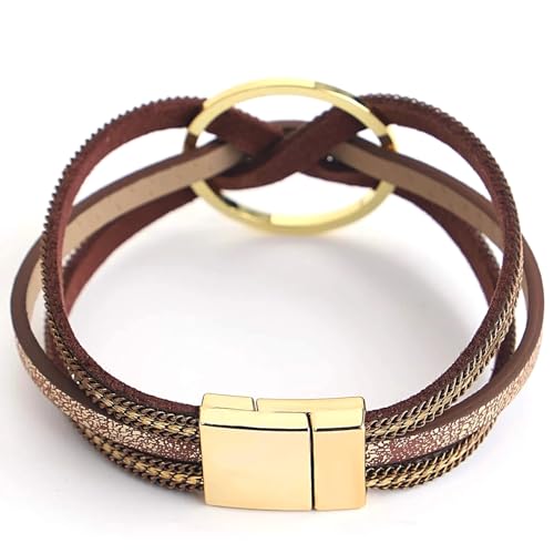 Fesciory Leopard Bracelet for Women, Boho Leather Wrap Multi-Layer Pearl Crystal Bracelet Bangle Jewelry - style: Circle(Brown)