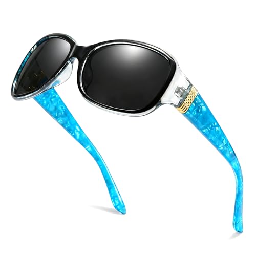LVIOE Trendy Sunglasses for Women, Polarized Chic Wrap Around Sun Glasses UV400 Protection - color: A1 Black Blue Frame/Grey