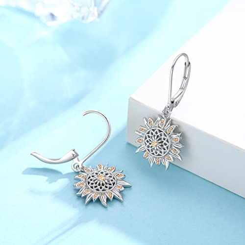 Sunflower Leverback Earrings S925 Sterling Silver Earrings You Are My Sunshine Dangle Earring Jewelry for Women - style: Silver Sunflower