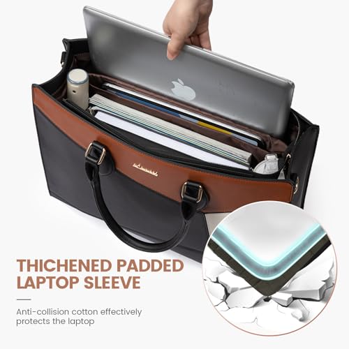 LOVEVOOK Laptop Bag for Women,15.6 lnch Waterproof Lightweight Leather Tote Bag,Professional Business Office Work Bags with Clutch Purse, Large Capacity Computer Shoulder Handbag,Black-White-Brown - color: Black - White - Brown(leather), size: 15.6 Inch