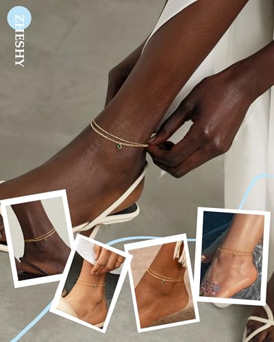 ZHESHY Ankle Bracelets for Women Gold Anklets with Birthstone 14K Gold Plated Dainty Layered Anklets Waterproof Non Tarnish Chain Anklet Bracelets Summer Beach Jewelry Birthday Gifts - color: 05.May(Emerald）