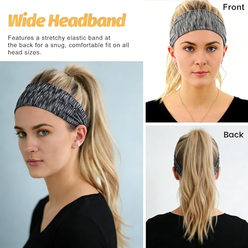 5 Pack Wide Headbands for Women, Sweat-Absorbing Sport Sweatbands, Soft Elastic Yoga Hairbands, Comfortable Hair Bands for Fitness Workout Travel Exercise - color: Black, Dark Gray, Light Gray, Dark Green, Striped Black
