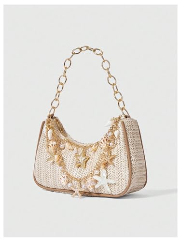 MakeMeChic Women's Straw Beach Purse Seashell Beaded Shoulder Handbags Summer Vacation Bags - color: Multicolor Beige