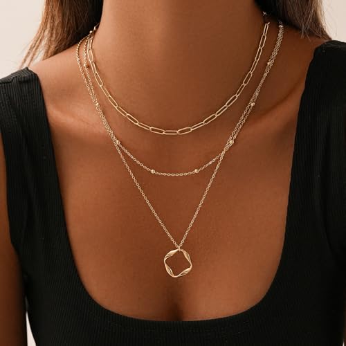 Women's Multi-Layered Gold Necklace, Stackable Delicate 14K Gold Plated Fashion Round Multi Layers Pendant Necklace, Gold Jewelry Set Gifts - color: Gold3