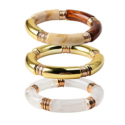 GOOJIDS Simple Beaded Gold Plated Bangles Bracelet Chunky Bamboo Tube Curved Stacking Clear Acrylic Colorful Beads Stretchable Gold Plated Bracelets Set For Women - color: S-Small size Gold 3PCS Set