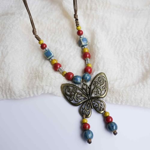 Boho Colorful Ceramic Bead Necklace for Women, Butterfly Pendant Necklace, Handmade Bohemian Statement Jewelry Gifts for Mom - color: Multi-S