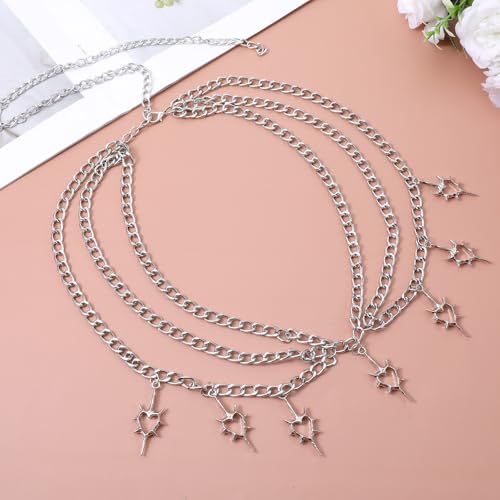Silver Chain Belt Multi-layer Heart Waist Chain for Women Punk Silver Waist Belt Y2k Gothic Body Chains for Dresses Jeans Festivals