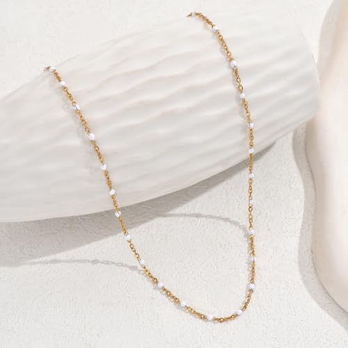 NONAMOIS Gold Chain Necklace for Women Dainty 18K Gold Plated Thin Satellite Beaded Turquoise Necklace Simple Layered Boho Jewelry Christmas Gifts - color: White Beads-Gold