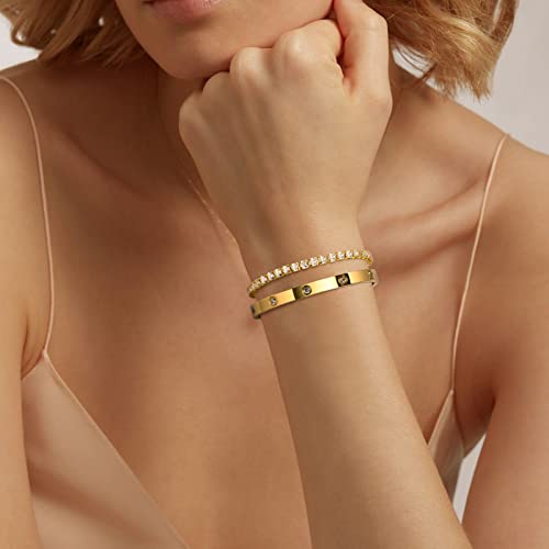 MPRAINBOW 2pcs 18K Gold Plated Chain Link Bracelet, Stainless Steel Crystal Friendship Bracelets Bangle,Watch Band Chains Wristband Jewelry with Adjust Tool - color: Gold Set - E