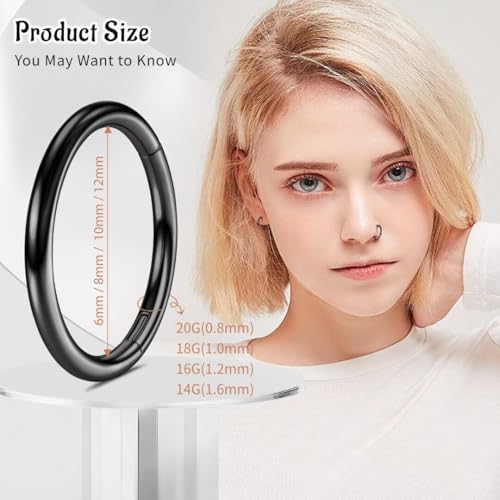 WBRWP 316L Stainless-Steel Piercing-Ring Hinged Nose-Rings-Hoop : 20G 18G 16G 14G Womens Body Pierecing Ring Segment Clicker Lip Rings Helix Cartilage Rook Earrings Diameter 6mm 8mm 10mm 12mm - color: 8pc set in black color(each dia. 2 pc)
