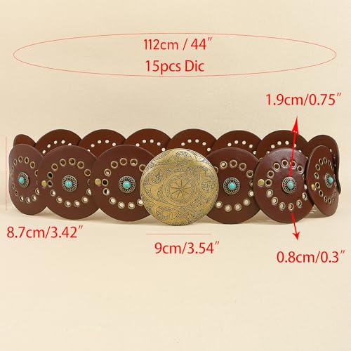 Western Chunky Wide Disc Belt for Women Boho Hollow PU Leather Waist Cowgirl Belt for Dresses Jeans with Metal Buckle - color: Brown Turquoise