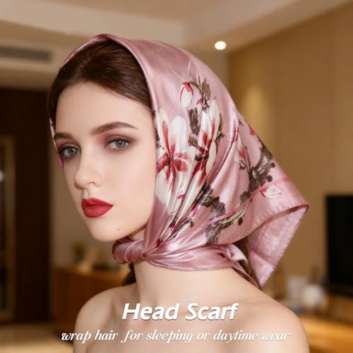 Ciormis 35" Silk Head Scarf for Women, 4 Pcs Satin Hair Scarf Square Silk Bandana Top Neck Scarves Hair Wraps for Sleeping - color: E1-flower-set22