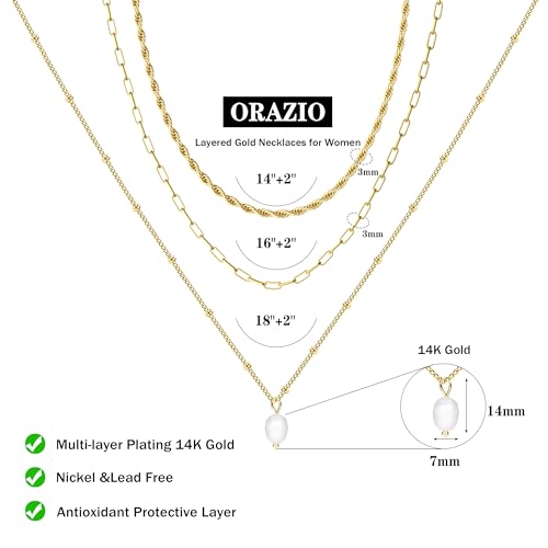 ORAZIO Gold Necklaces for Women,Layered Gold Necklace,14K Gold Plated Pendant Necklaces,Simple Choker Necklaces Set, Dainty Gold Chain Necklaces,Trendy Gold Stacked Jewelry Gifts for Women - color: 3Pcs/Twist & Paperclip & Pearl