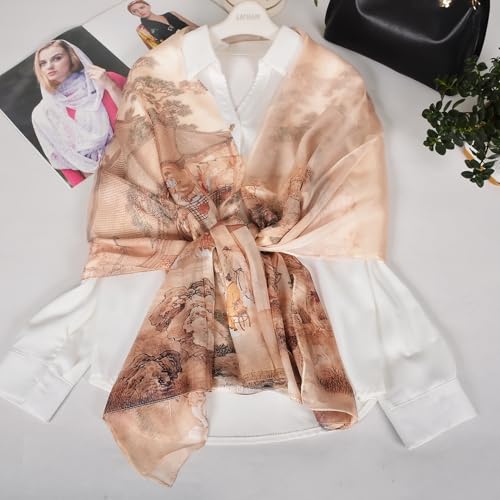 100% Mulberry Silk Women's Neck Silk Scarf-Lightweight Shawl,FLoral Print Beach Silk Wrap-Scarves for Photography - color: Khaki