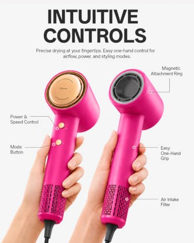 Tideway Hair Dryer Professional High-Speed Ionic Blow Dryer 110,000 RPM, Compact Hair Dryer with Magnetic Diffuser, Fast Drying with Brushless Motor Low Noise Smart Temperature Control-H11 - color: Pink