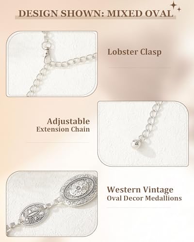 AWAYTR Chain Belt for Women – Adjustable Boho Metal Waist Chain Belt Gold Sliver for Dresses Jeans Country Concert Outfit - color: Sliver-mixed Oval