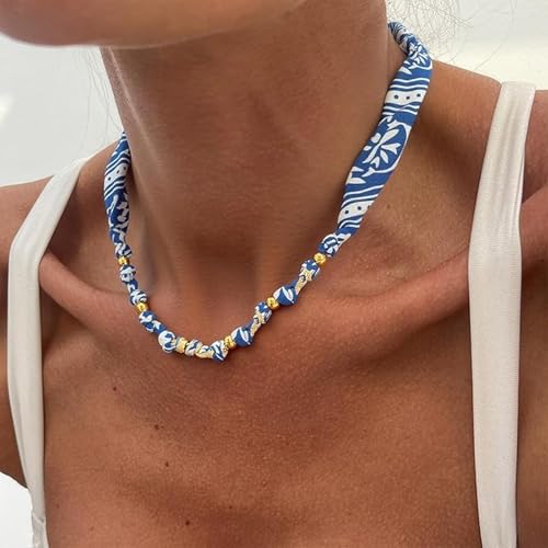 Scarf Necklace with Charm Gold Starfish Chunky Cross Heart Flower Pendants Bandana Charm Necklace Western Scarf for Women Boho Cowgirl Country Cowboy Accessories Beach Vacation Vacation Outfits Jewelry - color: C1-Scarf Necklace