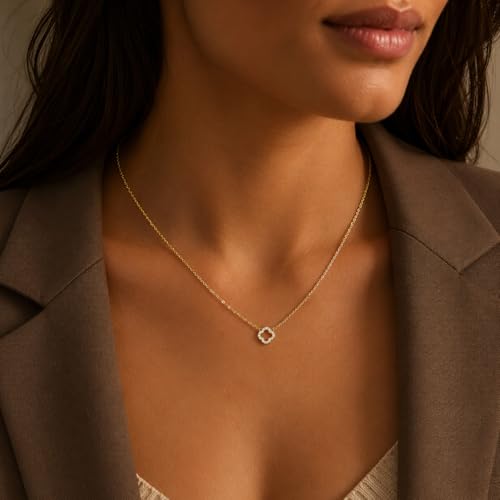 Dainty Gold Necklaces for Women Trendy Non Tarnish 14K Gold Plated Cubic Zirconia Necklace Layered Simple Cute Four Leaf Clover Choker Jewelry Birthday Gifts - color: Gold, style: Cable Small CZ
