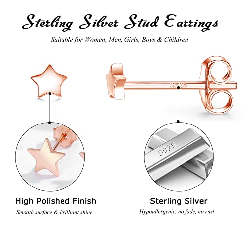 3 Pairs 925 Sterling Silver Star Stud Earrings for Women,Tiny Simple Geometric Stud Earrings Set Small Hypoallergenic Cartilage Tragus Ear Jewellery for Men (3/4/5mm) - color: 10 Rose Gold-3Pairs-3/4/5mm