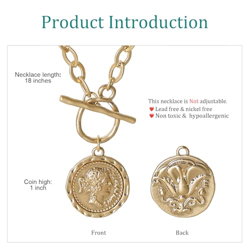 Chunky Gold Coin Necklace for Women Silver and Gold Chain Pendant Necklaces 18 Inch Antique Toggle Thick Link Fashion Jewelry Gift for Women - style: Worn Gold-F