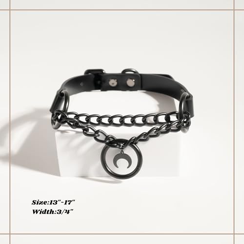 Black Gothic Chain Choker with O-ring and Moon Pendant, Punk Grunge Emo Leather Necklace For Women
