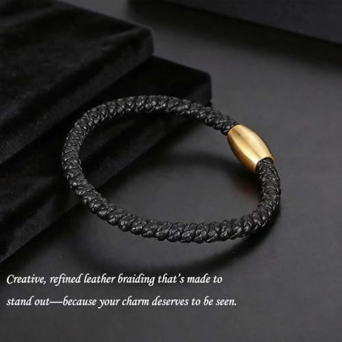 Men's Leather Bracelet, Stackable Stainless Steel Clasp Bracelets for Men Stylish Birthday, Thanksgiving, Valentine's Day Gift for My Man - style: 8.2" Black and Golden