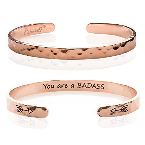 Carviell Bracelet - Gifts for Women – Inspirational, Friendship, Love, Mom, Daughter, Sister, Christian, Graduation, Memorial & Wedding Gifts – 100+ Phrases – Stainless Steel, Gift-Ready - style: BADASS Gift - You are a B*D*SS - ROSE GOLD