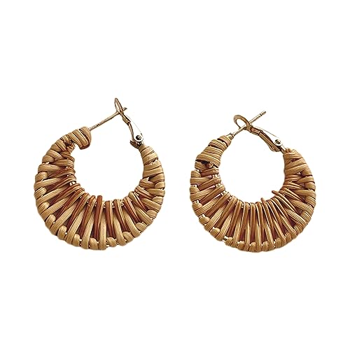 Lightweight Geometric Rattan Earrings for Women Handmade Braid Woven Raffia Straw Wicker Hoop Statement Earrings Summer Jewelry - color: small dark