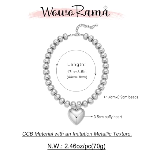WOWORAMA Chunky Heart Necklaces for Women Colorful Resin Beaded Choker Necklace Gold Puffy Heart Statement Necklace Trendy Acrylic Choker Jewelry - color: CCB-Silver