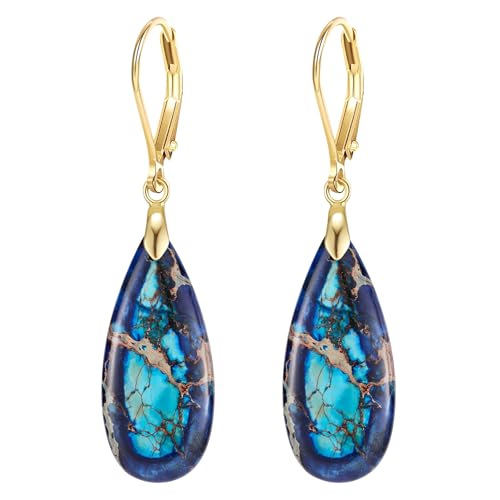 XGALBLA Boho Long Teardrop Stone Dangle Drop Earrings for Women Natural Healing Stone Leverback Earrings Statement Gold Tone - color: lighe and Deep Blue- Golden Leverback