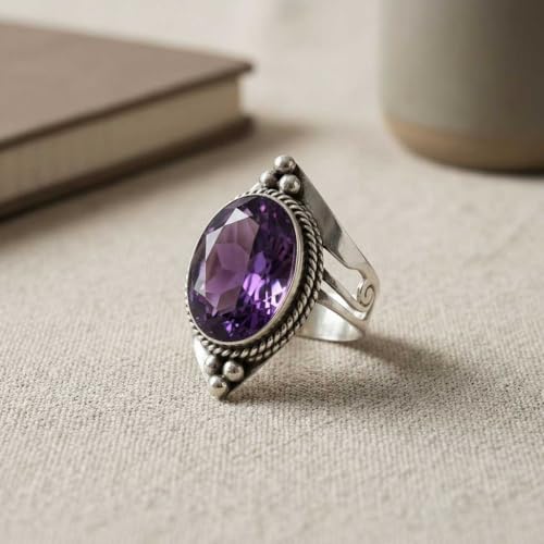 Handmade 925 Sterling Silver Plated Ring Natural Gemstone Carnelian, Rose Quartz, Tiger Eye, Crystal Oval Boho Jewelry For Women - color: Amethyst Quartz