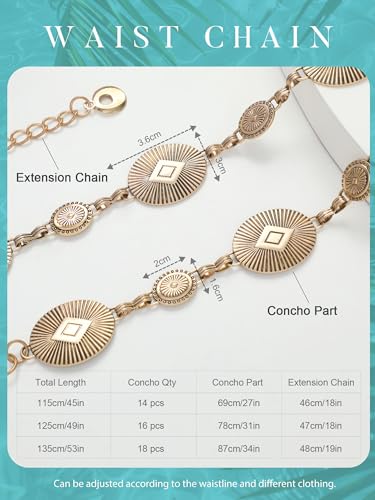 FIORETTO Western Waist Chain Belt Metal Concho Belt for Women Cowgirl Cowboy Boho Country Belt for Dress Jean - color: Gold-26, size: Fit Waist Up to 42"