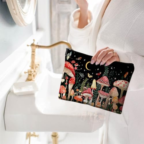Small Makeup Bag for Purse Cute Canvas Waterproof Cosmetic Bags for Women Zipper Travel Toiletry Pouch-Mushroon Makeup Bags - color: Mushroon Makeup Bags